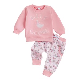 LZUBCPY Baby Girl Silly Goose Outfit Sweatshirt Little Geese Flower Jogger Pants Cute 2Pcs Toddler Fall Winter Clothes 0-3Y (Pink, 18-24 Months)