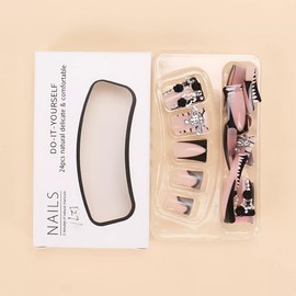 OHWODA Acrylic Press on Nails Duck Shape Fake Nails Pink and Black Edge Design Glue on Nails with Crystal Crown Cross Embellishments French Tip Artificial Nails for Women Girls, 24 Pcs