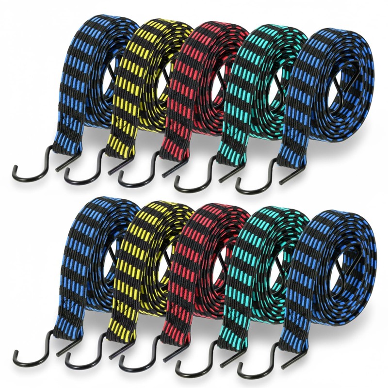 10 Pcs Long Bungee Cords with Hooks, Flat Bungee Cords
