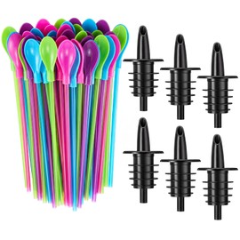 Sliner 6 Pcs Ice Syrup Precise Control Bottle Pouters 60 Pcs Hard Plastic Spoon Straws 9 in Detachable Kitchen Utensil Stirring Coffee Spoon, Professional Pour Spouts for Snow Cone & Drink Flavors