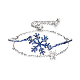 Ever Faith Sparkle Cubic Zirconia Snowflake Bracelet Winter Flower Layered Bangle Adjustable Link Bracelets Christmas Jewelry Gift for Woman Girl Blue Silver-Tone