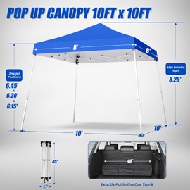 PHONWHON 10x10 Pop Up Canopy, 300D Silver Coated Blue Fabric Outdoor Gazebo, Beach Tent Slant Legs with Storage Bag,Easy Up Sun Shade Shelter Tents with 8x8 Top Cover for Patio,Party