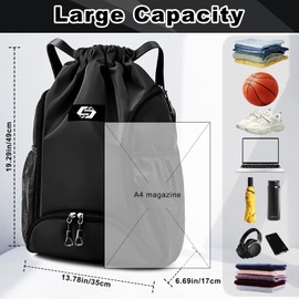 Keyck Gym Bag Sports Bag with Drawstring, Backpack Sport with Ball Compartment & Shoe Compartment and Waterproof Bag, Large Sports Bag, Swimming Bag, Sports Backpack Gym Bag for Men Women Youth, black