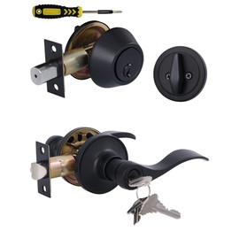 Keyed Alike Front Door Lever Lockset with Single Cylinder Deadbolt Combination Set, All Keyed Same Exterior Door Handle with Lock and Deadbolt, Matte Finished