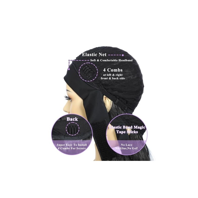 SAPPHIREWIGS Pelucas sintéticas negras con diadema y ondas corporales para