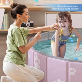 mandla Foldable Kiddie Pool,Dog Pool for Bathing,Hard Plastic Kiddie Pool for Kids,Portable PVC Dog Bathtub Outside Kids Swimming Pool for Pets and Dogs (Pink Foot, 63in)