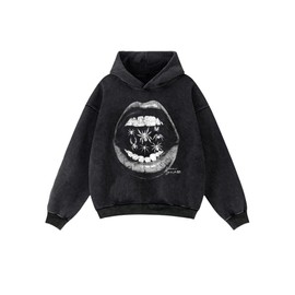 SOLY HUX Men's Graphic Hoodies Oversized Drop Shoulder Long Sleeve Streetwear Vintage Pullover Sweatshirt Black Lips Large