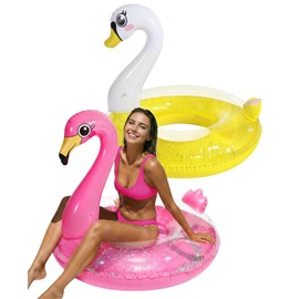 HeySplash Pool Floats, Pool Floaties Inflatable Pool Tubes Rafts for Adults, Swim Rings Floaty Toys Beach Lake Party Decorations Summer Vacation, 2 Pack Flamingo Swan