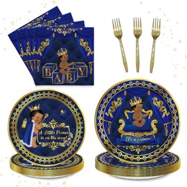 Hombae Royal Prince Baby Shower Supplies Tableware Set, Little Prince Baby Shower Decorations Boy, Baby Shower Decorations Boy, Blue Gold Plates, Napkins, Forks, Serves for 24 Guests