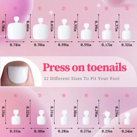 AddFavor 240pcs White Press on Toenails for Women Toe Press on Nails Square Toe Nails Press ons Fake Toe Nail Tips 12 Sizes Glue on Toenails Press ons Artificial Fake Toenails with Adhesive Tabs