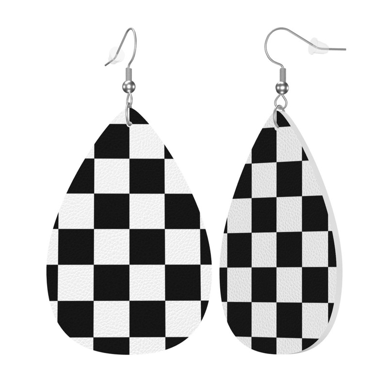 Checkerboard Chess Board Flag Faux Leather Teardrop Earrings for Women