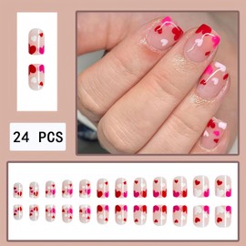 Valentine's Day Heart French Tips Press on Nails Short Square Fake Nails with Red Pink Heart Designs False Nails Full Cover Colorful Heart Acrylic Nails Romantic Valentine for Women Nail Decor 24 Pcs