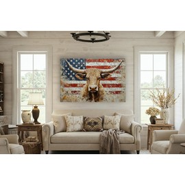 Texas Longhorn Cow Canvas Wall Art - Bull Print Home Decor - Barnhouse Wall Art - Farmhouse and Wild West Small to Extra Large Prints (Patriot Horns, 16L" x 24W")