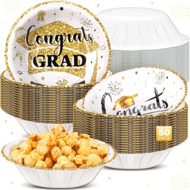 Ziliny 50 Pcs 16 oz Graduation Party Supplies Congrats Grad Disposable Paper Bowls Bulk Class of 2025 Soup Serving Bowl for Cold and Hot Food Salad Cereal Snack Dinner Decoration, 2 Styles (White)