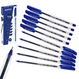 ZOFAX Trio Ballpoint Pens, BLUE, 1.0mm Medium Point, Pack of 10, Triangular Comfort Grip, Smooth Writing, Office School Home Value Biros Ball Pens