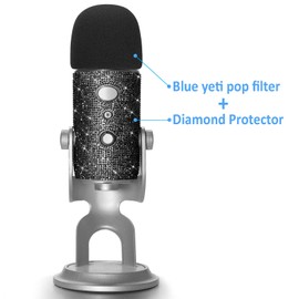 YOUSHARES Microphone Pop Protector for Blue Yeti - Cute Bling Diamond Shiny Skin, Glitter Sticker with Mic Wind Protection Pop Filter Compatible with Blue Yeti Microphones (Black)