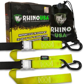 Rhino USA Motorcycle Tie Down Straps (Yellow 2-Pack) Lab Tested 3,328lb Break Strength, Steel Cambuckle Tiedown Set with Integrated Soft Loops - Better Than Ratchet Strap
