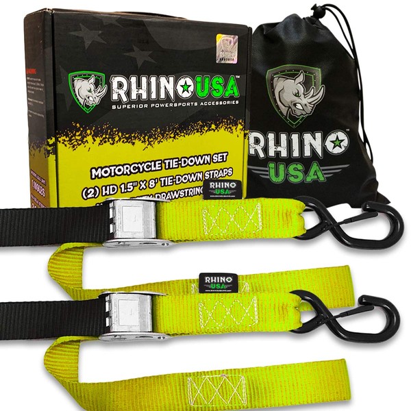 Rhino USA Motorcycle Tie Down Straps (Yellow 2-Pack) Lab Tested