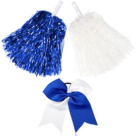 Hanaive 3 Pcs Plastic Cheerleading Pom Poms and Large Cheerleader Hair Bow Metallic Foil Pompoms Cheer for Teen Cheering Squad Dance Rooters Accessories (White)(Blue White,Classic Matte)