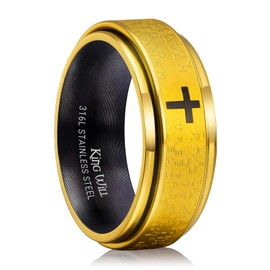King Will 316L Stainless Steel Lord's Prayer Ring-8mm Spinner Fidget Ring in Gold and Black for Men Women Anxiety Stress Relief Cross Prayer Ring Comfort Fit Size 7