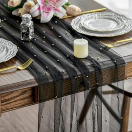Artoid Mode Camino de Mesa de Gasa Negra Perla 120 Pulgadas 10 Pies, Transparente de Temporada para Comedor Día Festivo Boda Cumpleaños Baby Shower Decoración de Mesa para Fiestas en Casa