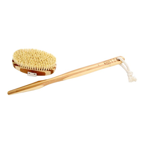 Esthetician Grade Natural Sisal Bath & Body Brush | 100% Plant Bristles Firm | Pure Bamboo Handle | Oval Style Detachable Handle | Striped Finish | Model 80D - SB