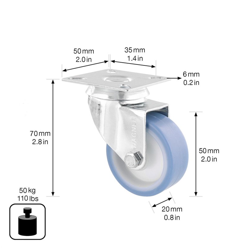 WAGNER Eco 03155001 Soft Swivel Castor Diameter 50 mm, Height