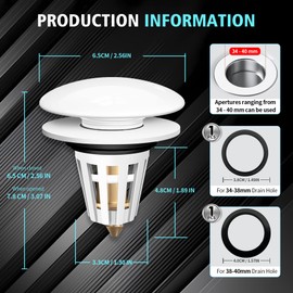 1 Pcs Abflussstopfen,Waschbeckenstöpsel,Ablauf Abflussstopfen mit Sieb,Messing Bounce Core Push-Type Drain Plug,Keramik Pop up Ablaufventil,ür Waschbecken Bad und Küchenbecken(33-40mm Weiß).