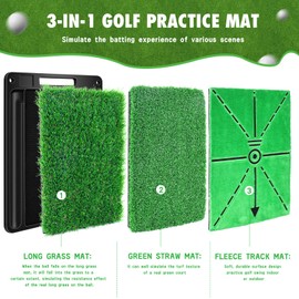 Golf Hitting Mat, 3-in-1 Golf Practice Mat, Replaceable Turf Golf Training Mats for Home Indoor Outdoor, Swing Path Feedback Detection Batting, Portable, Non-Slip Thick Base, Golf Gifts