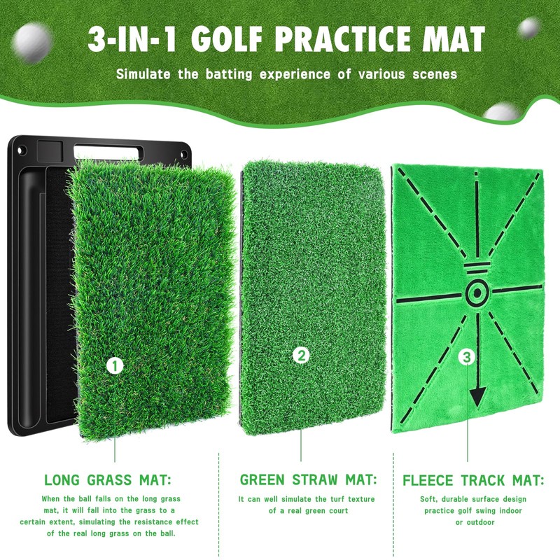 Golf Hitting Mat, 3-in-1 Golf Practice Mat, Replaceable Turf Golf
