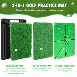 Golf Hitting Mat, 3-in-1 Golf Practice Mat, Replaceable Turf Golf Training Mats for Home Indoor Outdoor, Swing Path Feedback Detection Batting, Portable, Non-Slip Thick Base, Golf Gifts