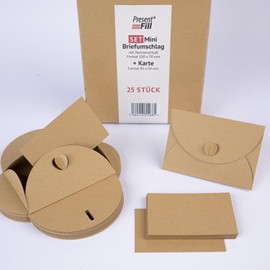 PresentFill® 25 Mini Envelopes with Cards - Natural Brown - Small Envelopes Mini with Heart Closure and Blank Cards Made from 100% Recycled Kraft Paper to Design and Write Yourself