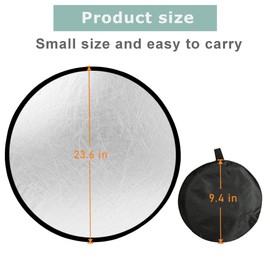 Reflector Photography 5-in-1, Portable Round Light Reflector Disc with Gold Silver White Black Diffuser, Durable & Water-Resistant for Portraits, Vlogging (24”/60cm)