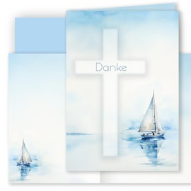 10 Thank You Cards with Envelope Thank You Folding Cards Stylish Cross Watercolour Delicate for Christening Communion Confirmation Confirmation Mourning Sailing Boat Cross Light Blue to Design