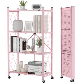 ALANNG Storage Shelves with Wheels, Bookshelf with Storage, No Assembly Metal Rack Shelf for Kitchen, Office, Laundry, Garage (4 Tier, Pink)