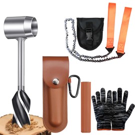 WhaleO Hand Drill Wooden Hand Drill with Leather Case, Hand Drill Bushcraft Manual Survival Drill with Hand Chainsaw and Bushcraft Gloves for Bushcraft Settlers, Camping Backpacking
