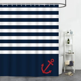 Bonhause Nautical Stripe Shower Curtain, Navy Blue Anchor Bathroom Curtain 72 x 72 Inch Polyester Fabric Waterproof Bath Curtain with 12 Hooks