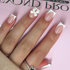 24pcs False Nails French Tip - Square French Stick on Nails - Press on Nails Removable Glue-on Nails - Full Cover Fake Nails Nail Art Accessories