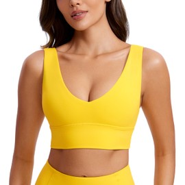 CRZ YOGA Butterluxe Womens V-Neck Longline Sports Bra - U Back Wireless Yoga Bra Low Impact Padded Crop Top High Visibility Yellow Small
