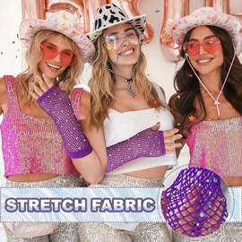 RainFlowwer Purple Fishnet Gloves Arm Sleeves, 80S Scene Emo Accessories Fish Net for Women Kids, Long Rhinestone Fingerless Mesh Gloves