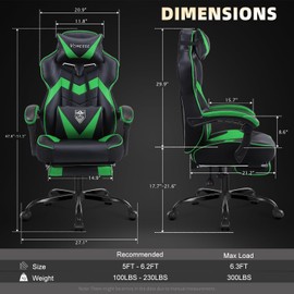 Vonesse Gaming Chair,Computer Chair with Footrest and Massage,Reclining Gaming Chairs for Adults,Big and Tall High Back Gamer Chair (Green/Black)