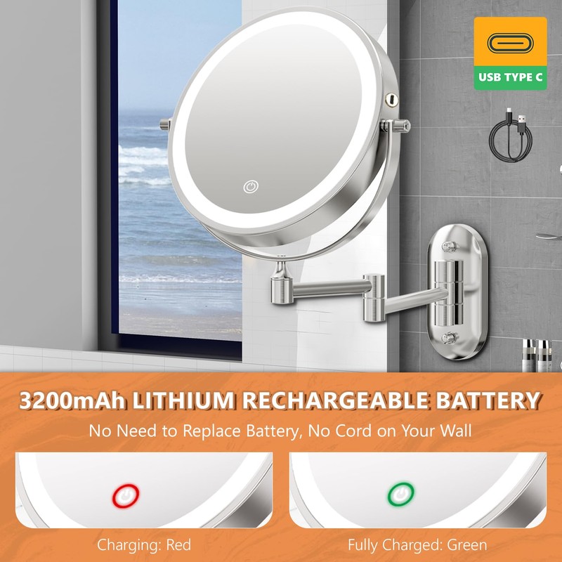 Auxmir 1X/30X Wall Mounted Makeup Mirror with Light, 8" Rechargeable