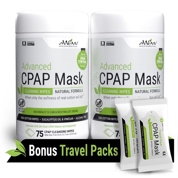 Professional CPAP Mask Cleaning Wipes - Advanced Odor Control Formula, 75 ct 2pk Canister Plus 10 Travel Wipes, (160 Total CPAP Wipes)