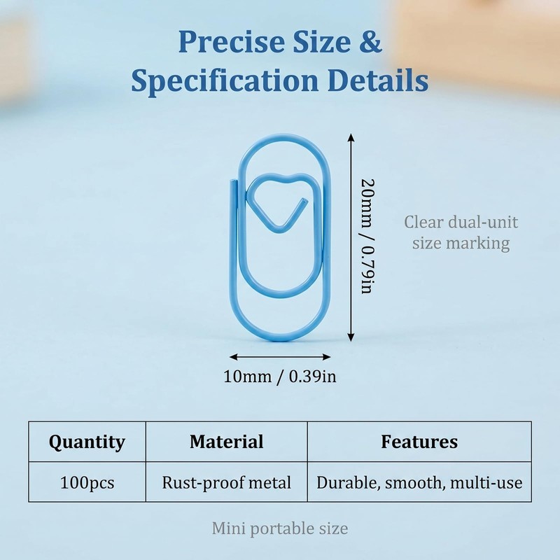 100Pcs 2x1cm Blue Heart Shaped Metal Paper Clips, Small Cute