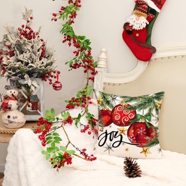AACORS Christmas Pillow Cover 18X18 Inch Baubles Christmas Tree Stars Joy Decoration Holiday Farmhouse Winter Pillow Case for Sofa Couch Decor（Red） AA613-18