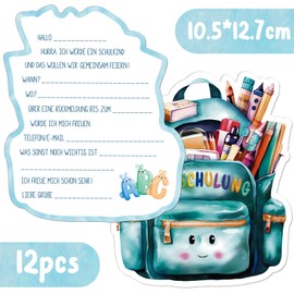 BETESSIN Set of 12 School Invitation Cards Boy Blue – School Cards in Cute School Bag Design – School Invitations for Boys and Girls School Party etc.
