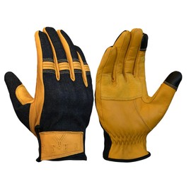 Stretch Denim & Goat Leather, Biker Gloves, Available in 3 Colors (Black/Tan/Brown), with Protector, Touchscreen Compatible, Motorcycle/Cycling (TAN, M)