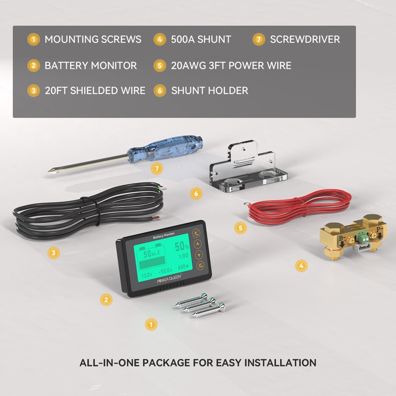 power queen 500A Battery Monitor with Shunt | Programmable Alarm