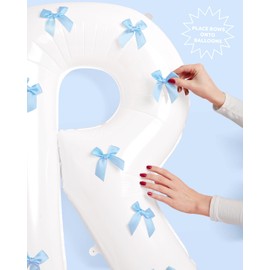 xo, Fetti White Bride Balloons + Blue Bows - 40 inch, XL | Bachelorette Party Decorations, Wedding Party, Engagement Party, Bridal Photo Booth