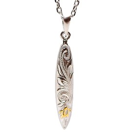 Hawaiian Jewelry Necklace Plumeria Scroll Honu K14 Surfboard, Stainless Steel